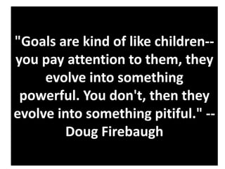 "Goals are kind of like children-you pay attention to them, they
evolve into something
powerful. You don't, then they
evolve into something pitiful." -Doug Firebaugh

 