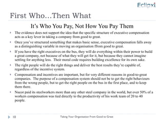 First Who…Then What It’s Who You Pay, Not How You Pay Them The evidence does not support the idea that the specific structure of executive compensation acts as a key lever in taking a company from good to great. Once you’ve structured something that makes basic sense, executive compensation falls away as a distinguishing variable in moving an  organisation f from good to great. If you have the right executives on the bus, they will do everything within their power to build a great company, not because of what they will get for it, but because they cannot imagine settling for anything less.  Their moral code requires building excellence for its own sake. The right people will do the right things and deliver the best results they’re capable of, regardless of the incentive system. Compensation and incentives are important, but for very different reasons in good-to-great companies.  The purpose of a compensation system should not be to get the right behaviours from the wrong people, but to get the right people on the bus in the first place, and to keep them there. Nucor paid its steelworkers more than any other steel company in the world, but over 50% of a workers compensation was tied directly to the productivity of his work team of 20 to 40 people. Taking Your Organisation From Good to Great 