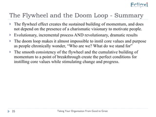 The Flywheel and the Doom Loop - Summary The flywheel effect creates the sustained building of momentum, and does not depend on the presence of a charismatic visionary to motivate people. Evolutionary, incremental process AND revolutionary, dramatic results The doom loop makes it almost impossible to instil core values and purpose as people chronically wonder, “Who are we? What do we stand for” The smooth consistency of the flywheel and the cumulative building of momentum to a point of breakthrough create the perfect conditions for instilling core values while stimulating change and progress. Taking Your Organisation From Good to Great 