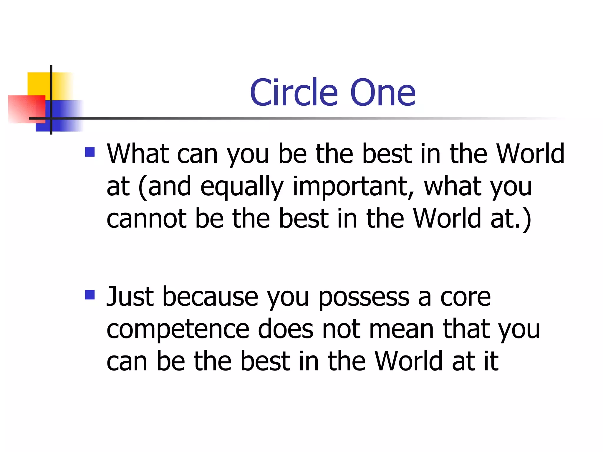 Circle One What can you be the best in the World at (and equally important, what you cannot be the best in the World at.) Just because you possess a core competence does not mean that you can be the best in the World at it 