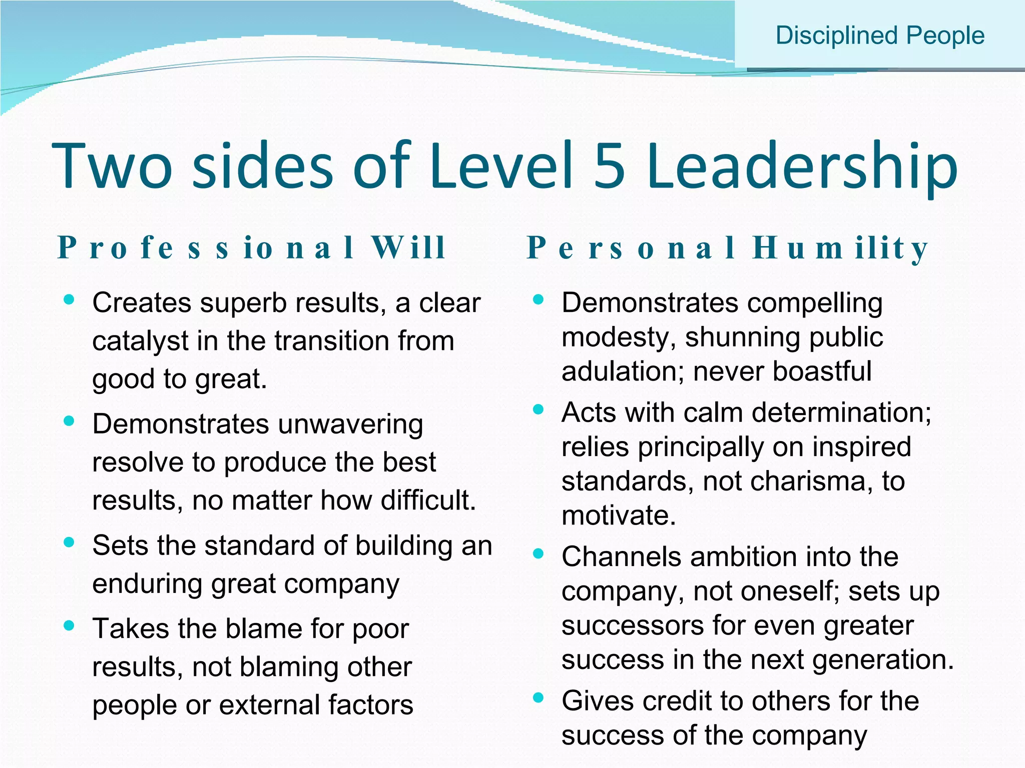 Two sides of Level 5 Leadership Professional Will Personal Humility Creates superb results, a clear catalyst in the transition from good to great. Demonstrates unwavering resolve to produce the best results, no matter how difficult. Sets the standard of building an enduring great company Takes the blame for poor results, not blaming other people or external factors Demonstrates compelling modesty, shunning public adulation; never boastful Acts with calm determination; relies principally on inspired standards, not charisma, to motivate. Channels ambition into the company, not oneself; sets up successors for even greater success in the next generation. Gives credit to others for the success of the company Disciplined People 