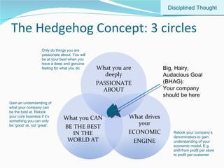 The Hedgehog Concept: 3 circles Big, Hairy, Audacious Goal (BHAG): Your company should be here Disciplined Thought Relook your company’s denominators to gain understanding of your economic model. E.g. shift from profit per store to profit per customer Gain an understanding of what your company can be the best at. Relook your core business if it’s something you can only be ‘good’ at, not ‘great’. Only do things you are passionate about. You will be at your best when you have a deep and genuine feeling for what you do. 