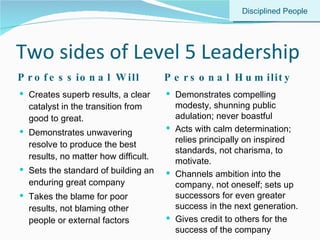 Two sides of Level 5 Leadership Professional Will Personal Humility Creates superb results, a clear catalyst in the transition from good to great. Demonstrates unwavering resolve to produce the best results, no matter how difficult. Sets the standard of building an enduring great company Takes the blame for poor results, not blaming other people or external factors Demonstrates compelling modesty, shunning public adulation; never boastful Acts with calm determination; relies principally on inspired standards, not charisma, to motivate. Channels ambition into the company, not oneself; sets up successors for even greater success in the next generation. Gives credit to others for the success of the company Disciplined People 