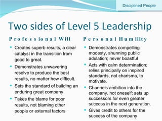 Two sides of Level 5 Leadership <ul><li>Professional Will </li></ul><ul><li>Personal Humility </li></ul><ul><li>Creates su...
