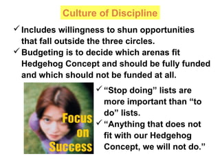 Culture of Discipline
Budgeting is to decide which arenas fit
Hedgehog Concept and should be fully funded
and which should not be funded at all.
“Stop doing” lists are
more important than “to
do” lists.
“Anything that does not
fit with our Hedgehog
Concept, we will not do.”
Includes willingness to shun opportunities
that fall outside the three circles.
 
