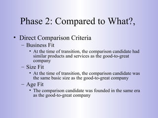 Phase 2: Compared to What?,
• Direct Comparison Criteria
– Business Fit
• At the time of transition, the comparison candidate had
similar products and services as the good-to-great
company
– Size Fit
• At the time of transition, the comparison candidate was
the same basic size as the good-to-great company
– Age Fit
• The comparison candidate was founded in the same era
as the good-to-great company
 