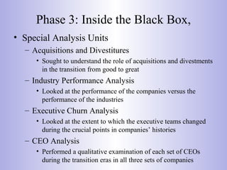 Phase 3: Inside the Black Box,
• Special Analysis Units
– Acquisitions and Divestitures
• Sought to understand the role of acquisitions and divestments
in the transition from good to great
– Industry Performance Analysis
• Looked at the performance of the companies versus the
performance of the industries
– Executive Churn Analysis
• Looked at the extent to which the executive teams changed
during the crucial points in companies’ histories
– CEO Analysis
• Performed a qualitative examination of each set of CEOs
during the transition eras in all three sets of companies
 