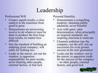 Leadership
Professional Will
• Creates superb results, a clear
catalyst in the transition from
good to great
• Demonstrates an unwavering
resolve to do whatever must be
done to produce the best long-
term results, no matter how
difficult
• Sets the standard of building an
enduring great company; will
settle for nothing less
• Looks in the mirror, not out the
window, to apportion
responsibility for poor results,
never blaming other people,
external factors, or bad luck
Personal Humility
 Demonstrates a compelling
modesty, shunning public
adulation; never boastful
 Acts with quiet, calm
determination; relies principally
on inspired standards, not
inspiring charisma to motivate
 Channels ambition into the
company, not the self; sets up
successors for even greater
success in the next generation
 Looks out the window, not in
the mirror, to apportion credit
for the success of the company
—to other people, external
factors, and good luck
 