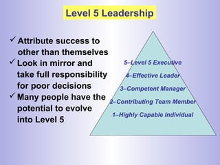 Level 5 Leadership
5–Level 5 Executive
4–Effective Leader
3–Competent Manager
2–Contributing Team Member
1–Highly Capable Individual
Look in mirror and
take full responsibility
for poor decisions
Many people have the
potential to evolve
into Level 5
Attribute success to
other than themselves
 