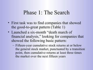 Phase 1: The Search
• First task was to find companies that showed
the good-to-great pattern (Table 1)
• Launched a six-month “death march of
financial analysis,” looking for companies that
showed the following basic pattern:
– Fifteen-year cumulative stock returns at or below
the general stock market, punctuated by a transition
point, then cumulative returns at least three times
the market over the next fifteen years
 