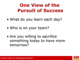One View of the  Pursuit of Success What do you learn each day? Who is on your team? Are you willing to sacrifice something today to have more tomorrow? 