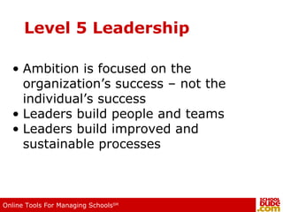 Level 5 Leadership Ambition is focused on the organization’s success – not the individual’s success Leaders build people and teams Leaders build improved and sustainable processes 