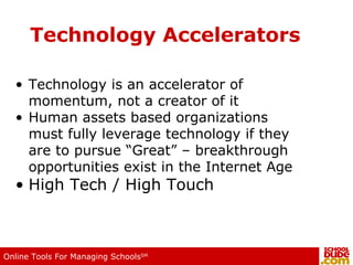 Technology Accelerators Technology is an accelerator of momentum, not a creator of it Human assets based organizations must fully leverage technology if they are to pursue “Great” – breakthrough opportunities exist in the Internet Age High Tech / High Touch 