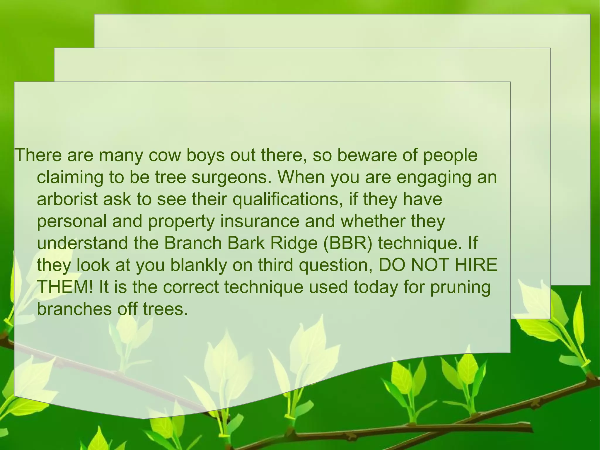 There are many cow boys out there, so beware of people
claiming to be tree surgeons. When you are engaging an
arborist ask to see their qualifications, if they have
personal and property insurance and whether they
understand the Branch Bark Ridge (BBR) technique. If
they look at you blankly on third question, DO NOT HIRE
THEM! It is the correct technique used today for pruning
branches off trees.

 