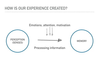HOW IS OUR EXPERIENCE CREATED?
PERCEPTION
(SENSES)
MEMORY
Processing information
Emotions, attention, motivation
 
