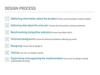 DESIGN PROCESS
Gathering information about the product (I know why the product is being created)1
Benchmarking competitive solutions (I know how others did it)3
Technical background (I know the technical limitations affecting my work)4
Designing (I know how to design it)5
Testing (I am sure my design is good)6
Supervising and supporting the implementation (I am sure my design is being
implemented correctly)
7
Gathering data about the end user (I know who the product is being created for)2
 