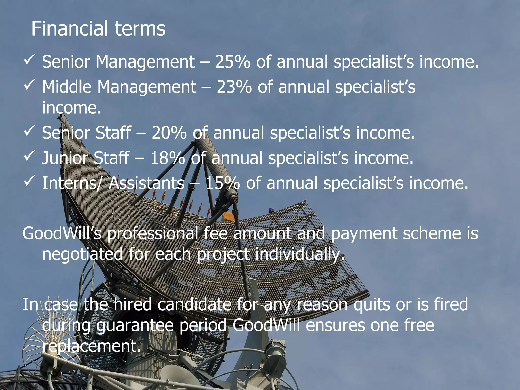 Financial terms Senior Management – 25% of annual specialist’s income. Middle Management – 23% of annual specialist’s income. Senior Staff – 20% of annual specialist’s income. Junior Staff – 18% of annual specialist’s income. Interns/ Assistants – 15% of annual specialist’s income. GoodWill’s professional fee amount and payment scheme is negotiated for each project individually. In case the hired candidate for any reason quits or is fired during guarantee period GoodWill ensures one free replacement.