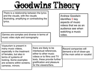 There is a relationship between the lyrics and the visuals, with the visuals illustrating, amplifying or contradicting the lyrics. Andrew Goodwin identifies  5  key aspects of music videos that we as an audience see when watching a music video. Genres are complex and diverse in terms of music video style and iconography Voyeurism is present in many music videos, especially in the treatment of females, but also in terms of systems of looking. Some examples are screens within screens, cameras, mirrors . there are likely to be intertextual references, either to other music videos or to films and TV texts, these provide further gratification and pleasure for the viewers/fans.  Record companies will demand a lot of close-ups of the main artist or vocalist 