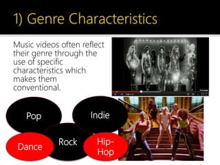 Music videos often reflect
their genre through the
use of specific
characteristics which
makes them
conventional.
Pop
Rock
Indie
Dance
Hip-
Hop
 