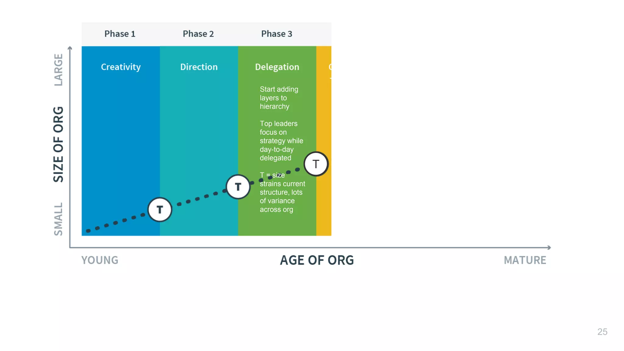 T
25
Start adding
layers to
hierarchy
Top leaders
focus on
strategy while
day-to-day
delegated
T = size
strains current
structure, lots
of variance
across org
 
