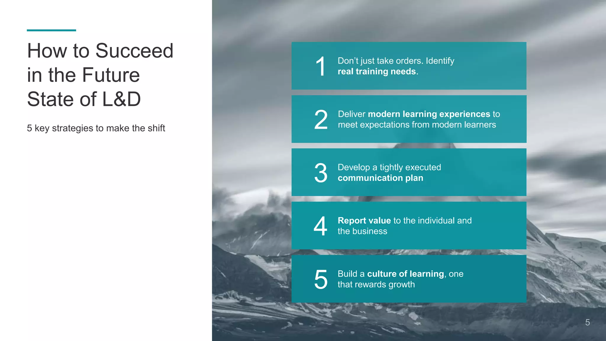 4 Report value to the individual and
the business
3 Develop a tightly executed
communication plan
2 Deliver modern learning experiences to
meet expectations from modern learners
1 Don’t just take orders. Identify
real training needs.
5 Build a culture of learning, one
that rewards growth
5
How to Succeed
in the Future
State of L&D
5 key strategies to make the shift
 