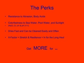 The Perks Resistance to Abrasion, Body Acids Colorfastness to Sea Water, Pool Water, and Sunlight  (NaCl, Cl, UV & pH 3-11) Dries Fast and Can be Cleaned Easily and Often X-Factor = Stretch & Resilience = In for the Long Haul Get  MORE  for   less 