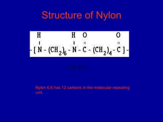 Structure of Nylon C 12 H 22 O 2 N 2 Nylon 6,6 has 12 carbons in the molecular repeating unit.  