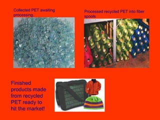 Collected PET awaiting processing.  Processed recycled PET into fiber spools  Finished products made from recycled PET ready to hit the market! 