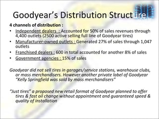 Goodyear’s Distribution Struct ure 4 channels of distribution :  Independent dealers  :  Accounted for 50% of sales revenues through 4,400 outlets (2500 active selling full line of Goodyear tires)  Manufacturer-owned outlets :  Generated 27% of sales through 1,047 outlets Franchised dealers :  600 in total accounted for another 8% of sales Government agencies :  15% of sales Goodyear did not sell tires in garages/service stations, warehouse clubs, or mass merchandisers. However another private label of Goodyear “Kelly Springfield was sold by mass merchandisers” “ Just tires” a proposed new retail format of Goodyear planned to offer tires & fast oil change without appointment and guaranteed speed & quality of installation 