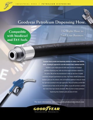 I N D U S T R I A L   H O S E     P E T R O L E U M           D I S P E N S I N G




ERED   PRODUCTS




        Compatible
       with biodiesel
       and E85 fuels




                                                 Goodyear hoses provide fuel dispensing solutions for today's fuel industry

                                                needs, including UL approval for use with standard fuels, biodiesel and E85.

                                                     Goodyear is your single source for both vapor recovery and standard

                                                  petroleum dispensing hose, with one of the largest distributor networks in

                                                   the nation. We are the only manufacturer to offer our own line of coupled

                                               assemblies designed speciﬁcally for our hose. That means reliable performance.

                                               Goodyear gives you the products, tools and technical expertise to help you choose
                                               the right hose assembly for the right application. Plus our facilities are ISO 9001

                                               registered and our hoses are UL and CUL veriﬁed, so you will purchase a product

                                                that meets these high industry standards. When it’s time to choose petroleum

                                                             dispensing hose, Goodyear gives you peace of mind.




                                      For more information, visit www.goodyearindustrialproducts.com
 