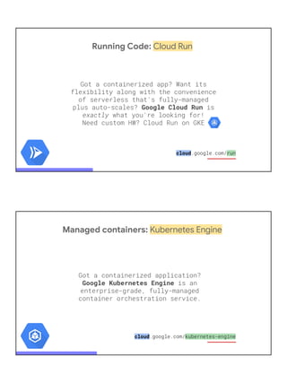 Running Code: Cloud Run
Got a containerized app? Want its
flexibility along with the convenience
of serverless that's fully-managed
plus auto-scales? Google Cloud Run is
exactly what you're looking for!
Need custom HW? Cloud Run on GKE
cloud.google.com/run
Managed containers: Kubernetes Engine
Got a containerized application?
Google Kubernetes Engine is an
enterprise-grade, fully-managed
container orchestration service.
cloud.google.com/kubernetes-engine
 