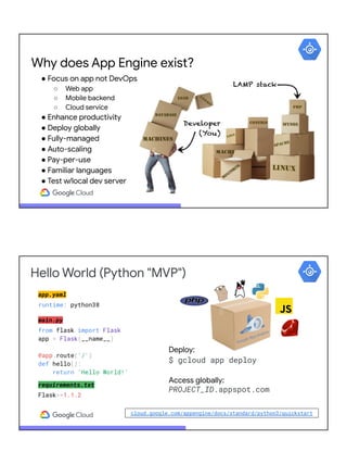 Why does App Engine exist?
● Focus on app not DevOps
○ Web app
○ Mobile backend
○ Cloud service
● Enhance productivity
● Deploy globally
● Fully-managed
● Auto-scaling
● Pay-per-use
● Familiar languages
● Test w/local dev server
Hello World (Python "MVP")
app.yaml
runtime: python38
main.py
from flask import Flask
app = Flask(__name__)
@app.route('/')
def hello():
return 'Hello World!'
requirements.txt
Flask>=1.1.2
Deploy:
$ gcloud app deploy
Access globally:
PROJECT_ID.appspot.com
cloud.google.com/appengine/docs/standard/python3/quickstart
 