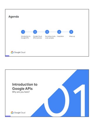Agenda
1
Introduction to
Google APIs
2
Google Cloud
APIs overview
3
Serverless tools +
code samples
4
Inspiration
5
Wrap-up
01
Introduction to
Google APIs
Why are you here?
 