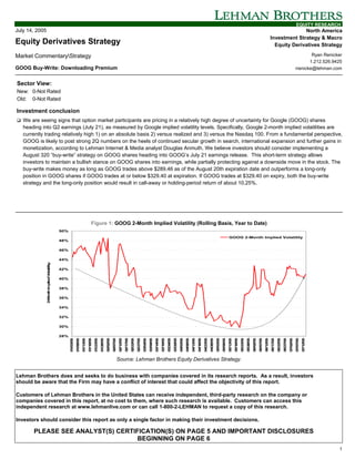 EQUITY RESEARCH
July 14, 2005                                                                                                                                                                                                                                                                                                                                                                                         North America
                                                                                                                                                                                                                                                                                                                                                                                        Investment Strategy & Macro
Equity Derivatives Strategy                                                                                                                                                                                                                                                                                                                                                               Equity Derivatives Strategy

Market CommentaryStrategy                                                                                                                                                                                                                                                                                                                                                                                                              Ryan Renicker
                                                                                                                                                                                                                                                                                                                                                                                                                                       1.212.526.9425
GOOG Buy-Write: Downloading Premium                                                                                                                                                                                                                                                                                                                                                                                             rrenicke@lehman.com


Sector View:
New: 0-Not Rated
Old: 0-Not Rated

Investment conclusion
   We are seeing signs that option market participants are pricing in a relatively high degree of uncertainty for Google (GOOG) shares
   heading into Q2 earnings (July 21), as measured by Google implied volatility levels. Specifically, Google 2-month implied volatilities are
   currently trading relatively high 1) on an absolute basis 2) versus realized and 3) versus the Nasdaq 100. From a fundamental perspective,
   GOOG is likely to post strong 2Q numbers on the heels of continued secular growth in search, international expansion and further gains in
   monetization, according to Lehman Internet & Media analyst Douglas Anmuth. We believe investors should consider implementing a
   August 320 “buy-write” strategy on GOOG shares heading into GOOG’s July 21 earnings release. This short-term strategy allows
   investors to maintain a bullish stance on GOOG shares into earnings, while partially protecting against a downside move in the stock. The
   buy-write makes money as long as GOOG trades above $289.46 as of the August 20th expiration date and outperforms a long-only
   position in GOOG shares if GOOG trades at or below $329.40 at expiration. If GOOG trades at $329.40 on expiry, both the buy-write
   strategy and the long-only position would result in call-away or holding-period return of about 10.25%.




                                                                                Figure 1: GOOG 2-Month Implied Volatility (Rolling Basis, Year to Date)
                                       50%
                                                                                                                                                                                                                                                                                                                  GOOG 2-Month Implied Volatility
                                       48%

                                       46%

                                       44%
                        p d o tility




                                       42%
                2 o thIm lie V la




                                       40%

                                       38%
                 -M n




                                       36%

                                       34%

                                       32%

                                       30%

                                       28%
                                              1 3 5
                                                        1 8 5
                                                                  1 3 5
                                                                            1 8 5
                                                                                      1 3 5
                                                                                                1 8 5
                                                                                                          2 2 5
                                                                                                                    2 7 5
                                                                                                                               2 2 5
                                                                                                                                         2 7 5
                                                                                                                                                   2 2 5
                                                                                                                                                             2 7 5
                                                                                                                                                                       3 4 5
                                                                                                                                                                                 3 9 5
                                                                                                                                                                                           3 4 5
                                                                                                                                                                                                     3 9 5
                                                                                                                                                                                                               3 4 5
                                                                                                                                                                                                                         3 9 5
                                                                                                                                                                                                                                   4 3 5
                                                                                                                                                                                                                                             4 8 5
                                                                                                                                                                                                                                                       4 3 5
                                                                                                                                                                                                                                                                 4 8 5
                                                                                                                                                                                                                                                                           4 3 5
                                                                                                                                                                                                                                                                                     4 8 5
                                                                                                                                                                                                                                                                                               5 3 5
                                                                                                                                                                                                                                                                                                         5 8 5
                                                                                                                                                                                                                                                                                                                   5 3 5
                                                                                                                                                                                                                                                                                                                             5 8 5
                                                                                                                                                                                                                                                                                                                                       5 3 5
                                                                                                                                                                                                                                                                                                                                                 5 8 5
                                                                                                                                                                                                                                                                                                                                                           6 2 5
                                                                                                                                                                                                                                                                                                                                                                     6 7 5
                                                                                                                                                                                                                                                                                                                                                                               6 2 5
                                                                                                                                                                                                                                                                                                                                                                                         6 7 5
                                                                                                                                                                                                                                                                                                                                                                                                   6 2 5
                                                                                                                                                                                                                                                                                                                                                                                                             6 7 5
                                                                                                                                                                                                                                                                                                                                                                                                                       7 2 5
                                                                                                                                                                                                                                                                                                                                                                                                                                 7 7 5
                                                                                                                                                                                                                                                                                                                                                                                                                                           7 2 5
                                             0 /0 /0
                                                       0 /0 /0
                                                                 0 /1 /0
                                                                           0 /1 /0
                                                                                     0 /2 /0
                                                                                               0 /2 /0
                                                                                                         0 /0 /0
                                                                                                                   0 /0 /0
                                                                                                                              0 /1 /0
                                                                                                                                        0 /1 /0
                                                                                                                                                  0 /2 /0
                                                                                                                                                            0 /2 /0
                                                                                                                                                                      0 /0 /0
                                                                                                                                                                                0 /0 /0
                                                                                                                                                                                          0 /1 /0
                                                                                                                                                                                                    0 /1 /0
                                                                                                                                                                                                              0 /2 /0
                                                                                                                                                                                                                        0 /2 /0
                                                                                                                                                                                                                                  0 /0 /0
                                                                                                                                                                                                                                            0 /0 /0
                                                                                                                                                                                                                                                      0 /1 /0
                                                                                                                                                                                                                                                                0 /1 /0
                                                                                                                                                                                                                                                                          0 /2 /0
                                                                                                                                                                                                                                                                                    0 /2 /0
                                                                                                                                                                                                                                                                                              0 /0 /0
                                                                                                                                                                                                                                                                                                        0 /0 /0
                                                                                                                                                                                                                                                                                                                  0 /1 /0
                                                                                                                                                                                                                                                                                                                            0 /1 /0
                                                                                                                                                                                                                                                                                                                                      0 /2 /0
                                                                                                                                                                                                                                                                                                                                                0 /2 /0
                                                                                                                                                                                                                                                                                                                                                          0 /0 /0
                                                                                                                                                                                                                                                                                                                                                                    0 /0 /0
                                                                                                                                                                                                                                                                                                                                                                              0 /1 /0
                                                                                                                                                                                                                                                                                                                                                                                        0 /1 /0
                                                                                                                                                                                                                                                                                                                                                                                                  0 /2 /0
                                                                                                                                                                                                                                                                                                                                                                                                            0 /2 /0
                                                                                                                                                                                                                                                                                                                                                                                                                      0 /0 /0
                                                                                                                                                                                                                                                                                                                                                                                                                                0 /0 /0
                                                                                                                                                                                                                                                                                                                                                                                                                                          0 /1 /0




                                                                                                                             Source: Lehman Brothers Equity Derivatives Strategy.


Lehman Brothers does and seeks to do business with companies covered in its research reports. As a result, investors
should be aware that the Firm may have a conflict of interest that could affect the objectivity of this report.

Customers of Lehman Brothers in the United States can receive independent, third-party research on the company or
companies covered in this report, at no cost to them, where such research is available. Customers can access this
independent research at www.lehmanlive.com or can call 1-800-2-LEHMAN to request a copy of this research.

Investors should consider this report as only a single factor in making their investment decisions.

       PLEASE SEE ANALYST(S) CERTIFICATION(S) ON PAGE 5 AND IMPORTANT DISCLOSURES
                                   BEGINNING ON PAGE 6
                                                                                                                                                                                                                                                                                                                                                                                                                                                    1
 