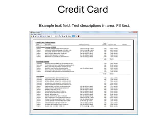 Credit Card Example text field. Test descriptions in area. Fill text. 
