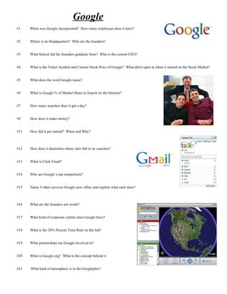Google
#1    When was Google incorporated? How many employees does it have?


#2    Where is its Headquarters? Who are the founders?


#3    What School did the founders graduate from? Who is the current CEO?


#4    What is the Ticker Symbol and Current Stock Price of Google? What did it open at when it started on the Stock Market?


#5    What does the word Google mean?


#6    What is Google % of Market Share in Search on the Internet?


#7    How many searches does it get a day?


#8    How does it make money?


#11   How did it get started? When and Why?



#12   How does it determine where sites fall in its searches?


#13   What is Click Fraud?


#14   Who are Google’s top competitors?


#15   Name 5 other services Google now offers and explain what each does?



#16   What are the founders net worth?


#17   What kind of corporate culture does Google have?


#18   What is the 20% Percent Time Rule on the Job?


#19   What partnerships are Google involved in?


#20   What is Google.org? What is the concept behind it


#21   What kind of atmosphere is in the Googleplex?
 