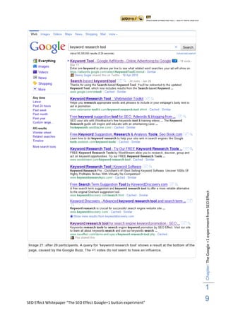 Chapter: The Google +1 experiment from SEO Effect




Image 21: after 29 participants. A query for „keyword research tool‟ shows a result at the bottom of the
page, caused by the Google Buzz. The +1 votes do not seem to have an influence.




                                                                                                           1
SEO Effect Whitepaper “The SEO Effect Google+1 button experiment”
                                                                                                           9
 