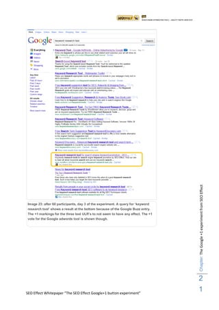 Chapter: The Google +1 experiment from SEO Effect
Image 23: after 60 participants, day 3 of the experiment. A query for „keyword
research tool‟ shows a result at the bottom because of the Google Buzz entry.
The +1 markings for the three test ULR‟s to not seem to have any effect. The +1
vote for the Google adwords tool is shown though.




                                                                                  2
SEO Effect Whitepaper “The SEO Effect Google+1 button experiment”
                                                                                  1
 