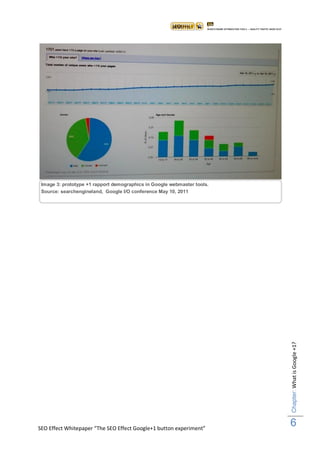 Image 3: prototype +1 rapport demographics in Google webmaster tools.
 Source: searchengineland, Google I/O conference May 10, 2011




                                                                         Chapter: What is Google +1?




SEO Effect Whitepaper “The SEO Effect Google+1 button experiment”
                                                                         6
 