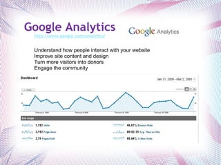 Google Analytics http://www.google.com/analytics/ Understand how people interact with your website Improve site content and design Turn more visitors into donors Engage the community 