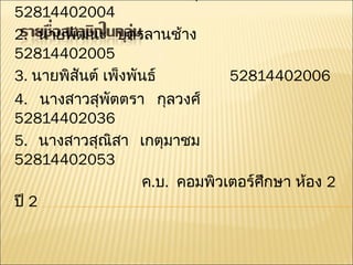 1.   นายพรพิชิต ประดับพันธุ์  52814402004 2.   นายพัฒนะ บุตรลานช้าง   52814402005 3.   นายพิสันต์ เพ็งพันธ์   52814402006 4.   นางสาวสุพัตตรา กุลวงศ์  52814402036 5.   นางสาวสุณิสา เกตุมาชม  52814402053 ค . บ .   คอมพิวเตอร์ศึกษา ห้อง  2  ปี   2 