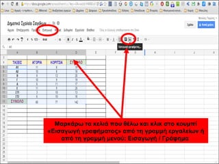 Μαρκάρω τα κελιά που θέλω και κλικ στο κουμπί 
«Εισαγωγή γραφήματος» από τη γραμμή εργαλείων ή 
από τη γραμμή μενού: Εισαγωγή / Γράφημα 
 