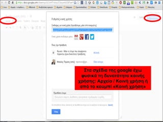 Στα σχέδια της google έχω 
φυσικά τη δυνατότητα κοινής 
χρήσης: Αρχείο / Κοινή χρήση ή 
από το κουμπί «Κοινή χρήση» 
