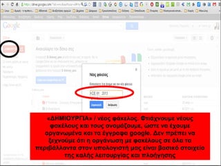 «ΔΗΜΙΟΥΡΓΙΑ» / νέος φάκελος. Φτιάχνουμε νέους 
φακέλους και τους ονομάζουμε, ώστε να έχουμε 
οργανωμένα και τα έγγραφα google. Δεν πρέπει να 
ξεχνούμε ότι η οργάνωση με φακέλους σε όλα τα 
περιβάλλοντα στον υπολογιστή μας είναι βασικό στοιχείο 
της καλής λειτουργίας και πλοήγησης 
 