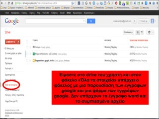 Είμαστε στο drive του χρήστη και στον 
φάκελο «Όλα τα στοιχεία» υπάρχει ο 
φάκελος με μια παρουσίαση των εγγράφων 
google και μια φόρμα των εγγράφων 
google. Δεν υπάρχουν το έγγραφο word και 
το συμπιεσμένο αρχείο 
 