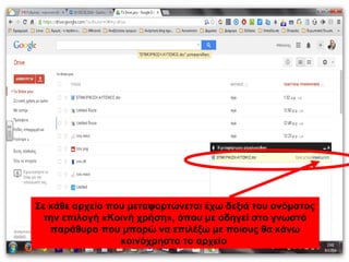 Σε κάθε αρχείο που μεταφορτώνεται έχω δεξιά του ονόματος 
την επιλογή «Κοινή χρήση», όπου με οδηγεί στο γνωστό 
παράθυρο που μπορώ να επιλέξω με ποιους θα κάνω 
κοινόχρηστο το αρχείο 
 