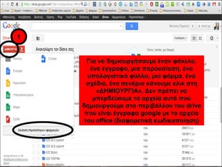 Για να δημιουργήσουμε έναν φάκελο, 
ένα έγγραφο, μια παρουσίαση, ένα 
υπολογιστικό φύλλο, μια φόρμα, ένα 
σχέδιο, ένα σενάριο κάνουμε κλικ στη 
«ΔΗΜΙΟΥΡΓΙΑ». Δεν πρέπει να 
μπερδεύουμε τα αρχεία αυτά που 
δημιουργούμε στο περιβάλλον του drive 
που είναι έγγραφα google με τα αρχεία 
του office (διαφορετική κωδικοποίηση) 
1 
 
