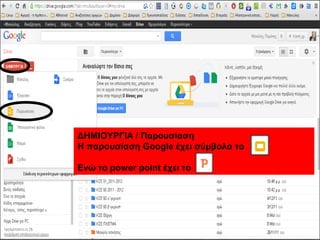 ΔΗΜΙΟΥΡΓΙΑ / Παρουσίαση 
Η παρουσίαση Google έχει σύμβολο το 
Ενώ το power point έχει το 
 