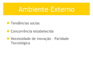 Ambiente Externo Tendências socias Concorrência estabelecida Necessidade de inovação – Paridade Tecnológica 