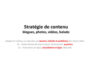 La force du blogueL’utilisateur clique sur le titre du blogueL’utilisateur lit et apprécie le billetIl publie le billet sur Facebook (200 amis)Il publie le billet sur Twitter (45 followers)40 de ses amis lisent l’histoire15 de ses amis publie l’histoire sur Facebook et Twitter10 des amis qui ont lu « tags » l’histoire (delicious)Et, ça recommence pour chacune des personnes qui publient l’histoire…